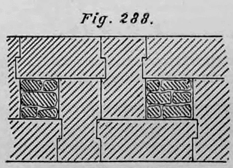 Schematische Zeichnung einer hakenförmig ineinandergreifenden Quadersteinverbindung zur mechanischen Verankerung im Mauerwerk.