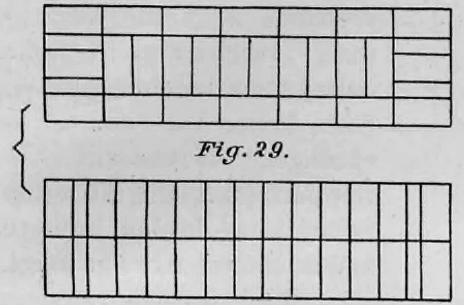 Schematische Darstellung zweier Steinschichten eines Mauerverbandes (Blockverband) zur Veranschaulichung des Endverbandes.