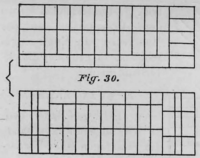 Schematische Darstellung zweier aufeinanderfolgender Steinschichten eines Mauerverbandes (Endverband).