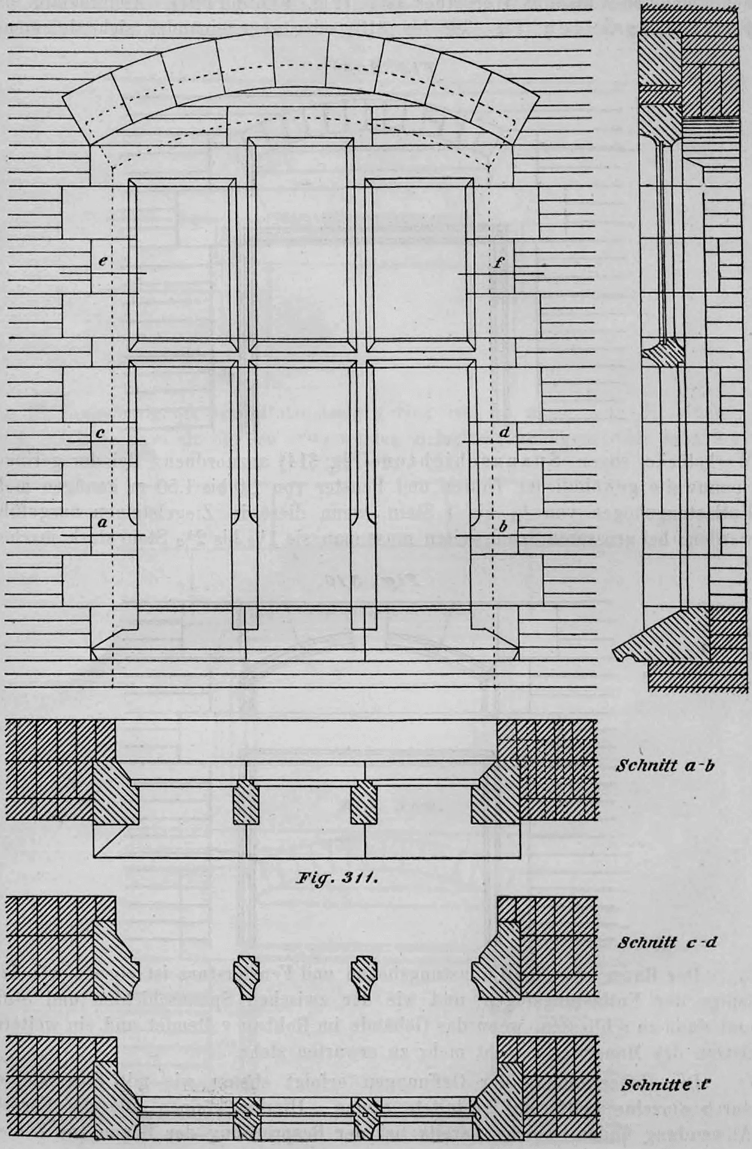 Bautechnische Zeichnung einer dreiteiligen Fensteröffnung mit Werksteingewände, dargestellt in Ansicht, Vertikalschnitt und drei horizontalen Querschnitten.