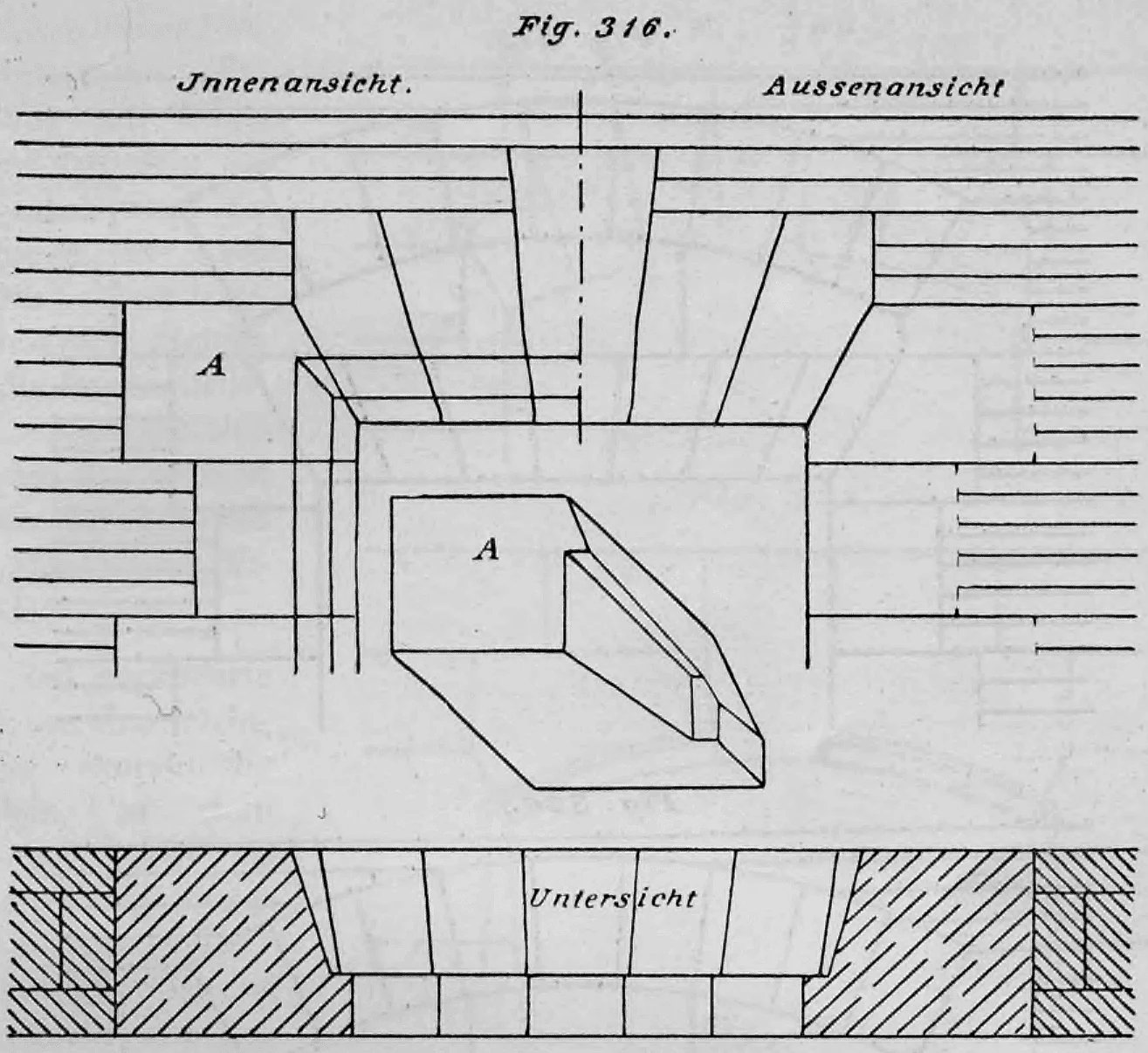 Technische Zeichnung zur Konstruktion eines Wölbsteins bei einem flachen Bogen, aufgeteilt in Innen- und Außenansicht.