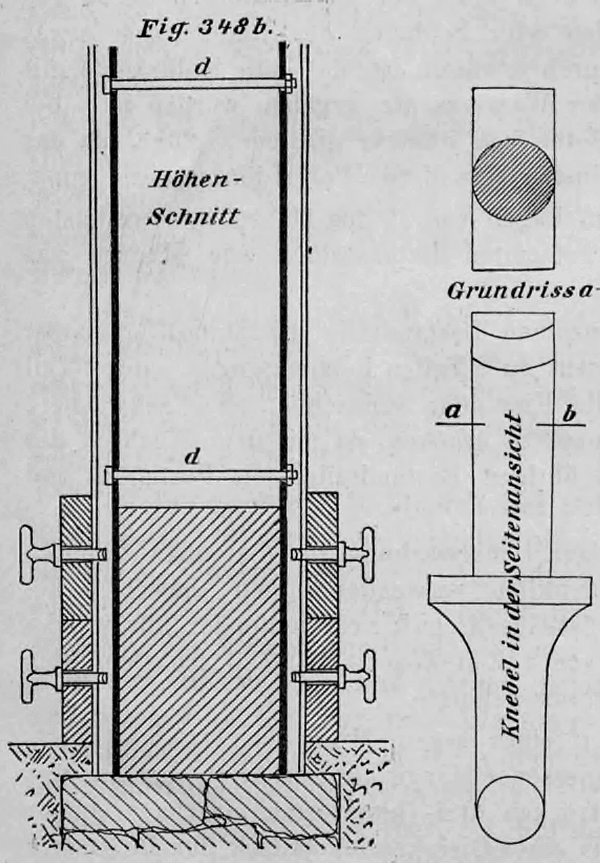 Technische Zeichnung eines Betonbau-Gerüsts im Höhen-Schnitt sowie Detaildarstellungen der Befestigungselemente.