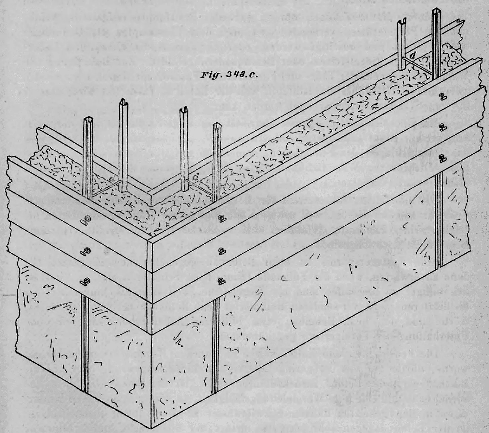 Perspektivische Darstellung des Betonbau-Gerüstsystems nach Ph. Tölpe beim Errichten einer Hausecke aus Stampfbeton.