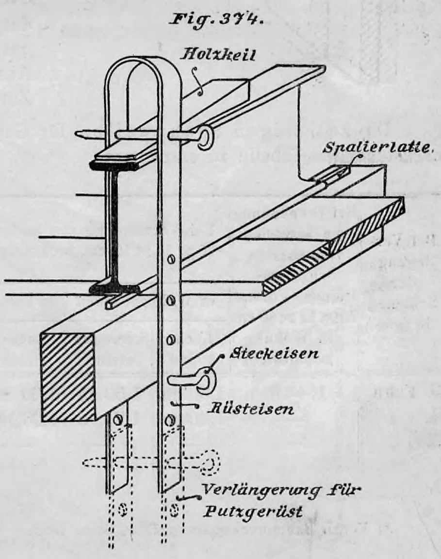 Schematische Darstellung eines verstellbaren Rüsteisens zur Aufhängung einer Deckenschalung an einem eisernen Doppel-T-Träger.