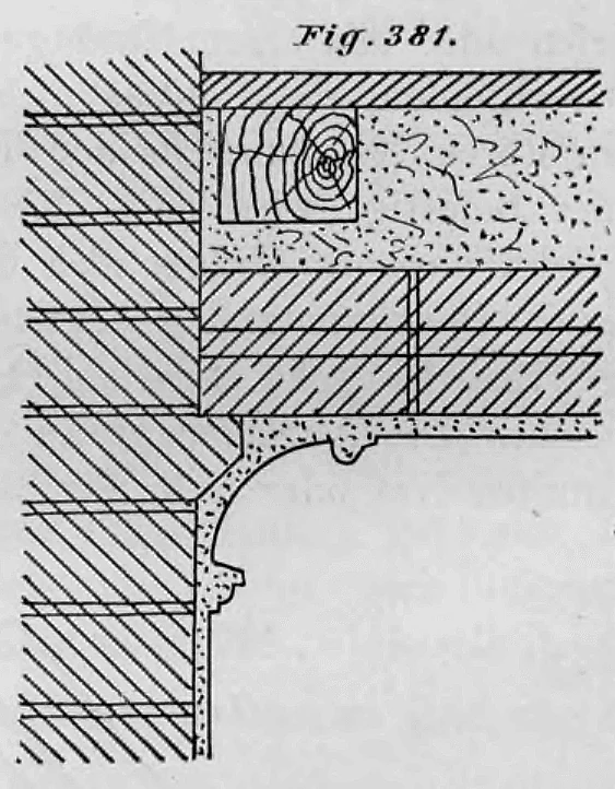 Detailzeichnung zur Auflagerung einer Försterschen Decke auf ausgekragten Backsteinschichten an einer Mauer (Fig. 381).