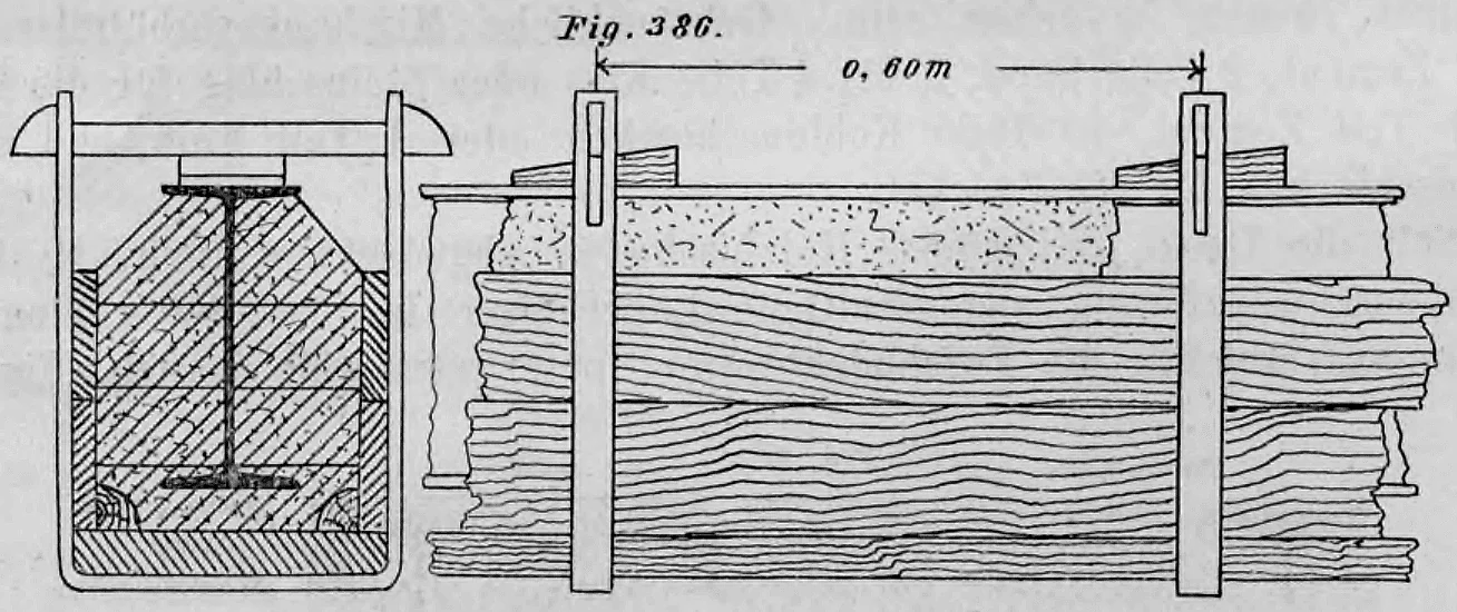 Schematische Querschnitte zur Konstruktion und Verankerung von Betonkappen an Mauerwerk und Eisenträgern.