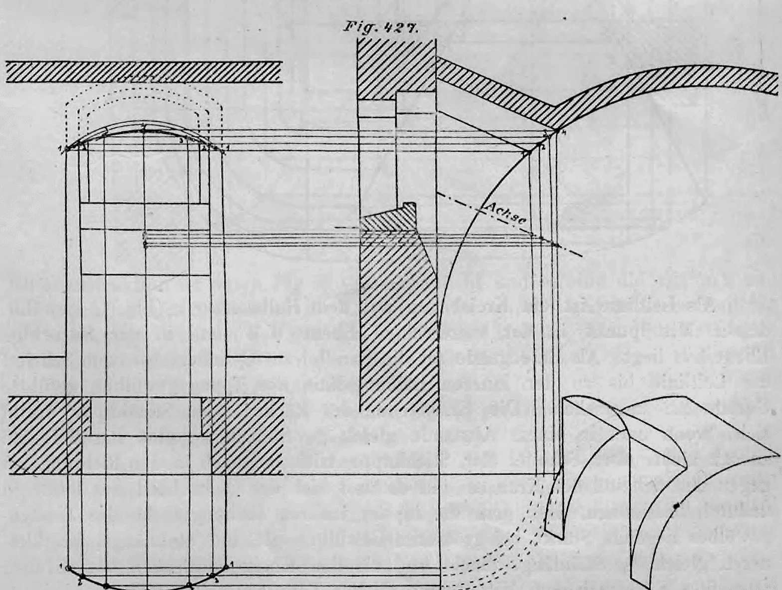 Geometrische Konstruktionszeichnung einer Stichkappe mit ansteigender (geneigter) Achse in einem Tonnengewölbe.