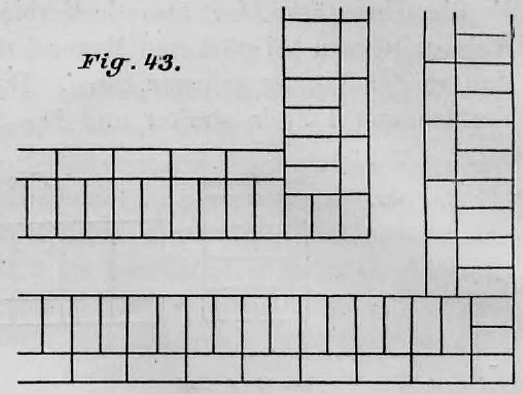 Schematische Darstellung eines rechtwinkligen Eckverbandes im Ziegelmauerwerk unter Verwendung von Dreiquartiersteinen.
