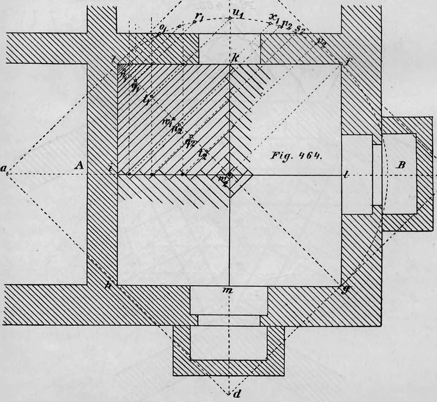Geometrische Konstruktionszeichnung (Grundriss) eines offenen bzw. über Eck stehenden Klostergewölbes über einem quadratischen Raum (Fig. 464).