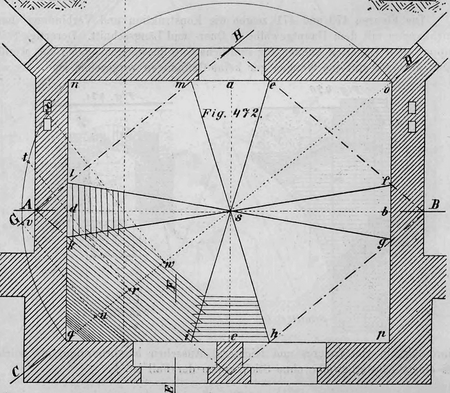 Grundrisszeichnung zur geometrischen Konstruktion eines zusammengesetzten Klostergewölbes über einem rechteckigen Raum.