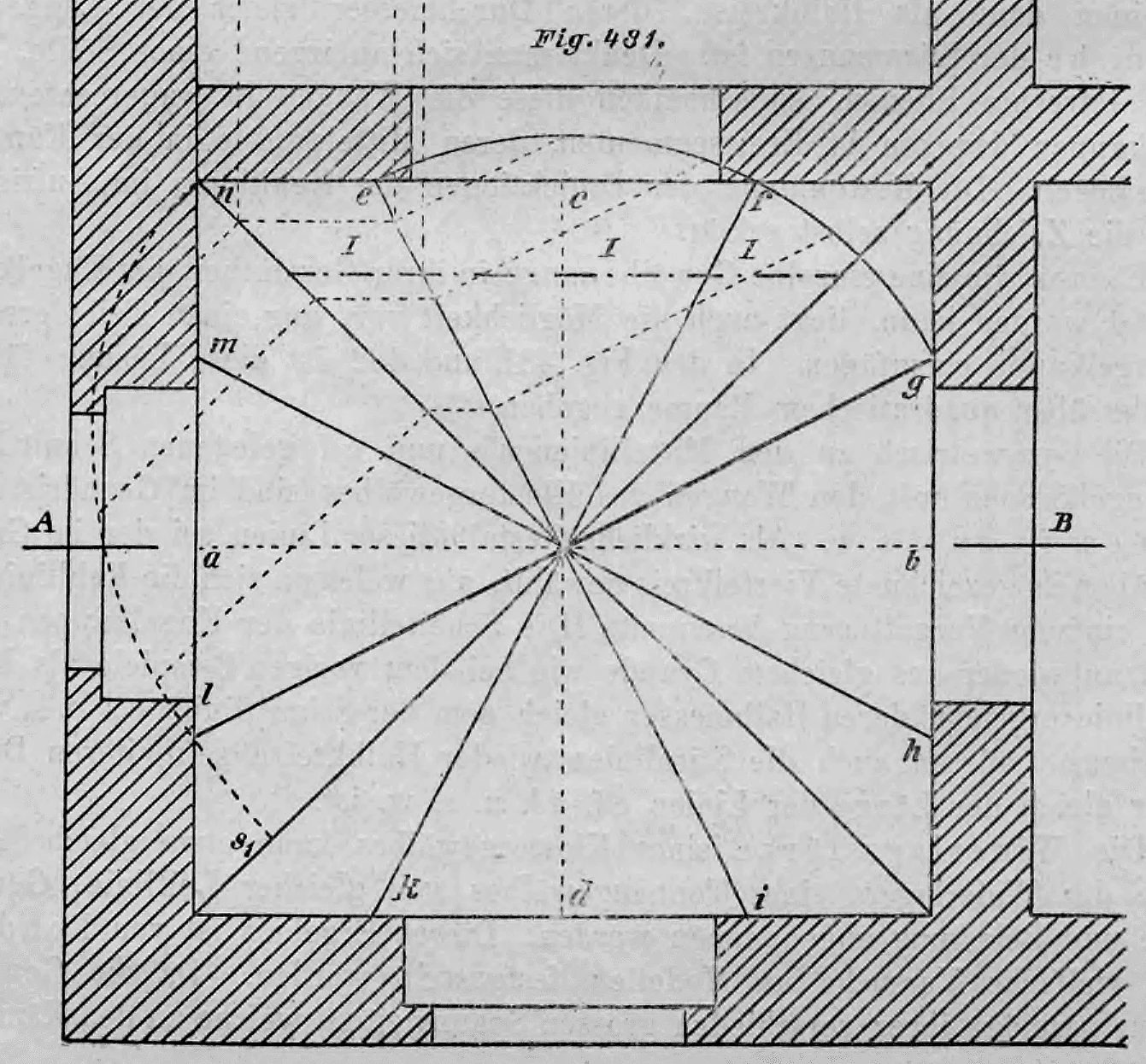 Geometrischer Grundriss zur Konstruktion eines Klostergewölbes über einem quadratischen Raum mit integrierten Kugelkappen.