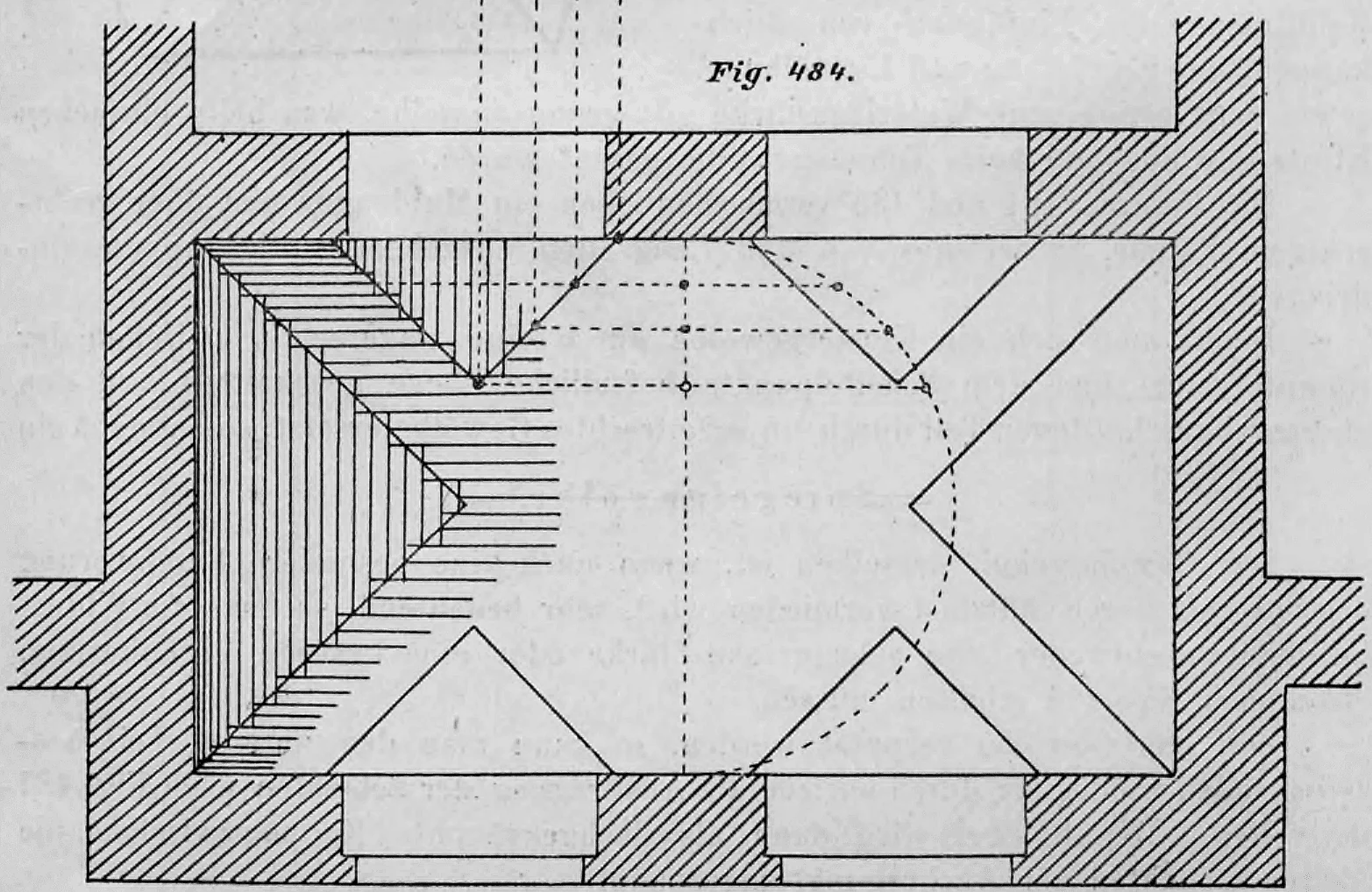 Grundrisszeichnung eines Muldengewölbes über einem rechteckigen Raum mit seitlich eindringenden Stichkappen (Fig. 484).