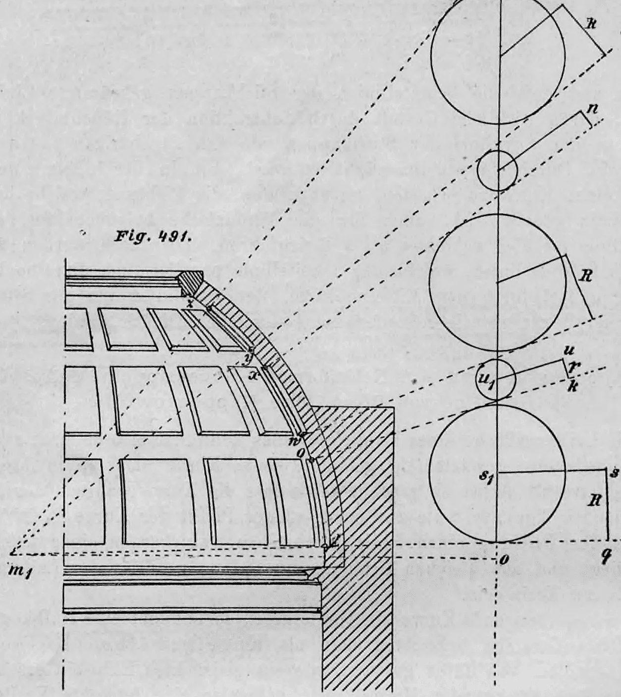 Eine geometrische Konstruktionszeichnung zur Aufrissprojektion und Kassetten-Konstruktion einer Kuppel.
