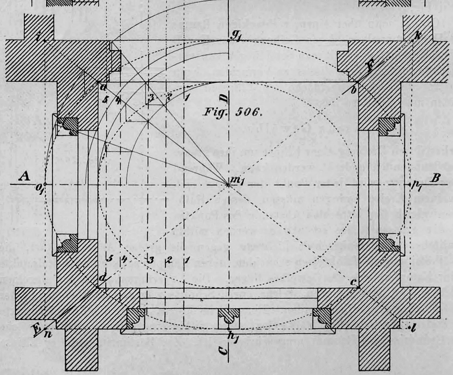 Geometrische Konstruktionszeichnung für den Grundriss und Diagonalschnitt eines elliptischen Gewölbes.