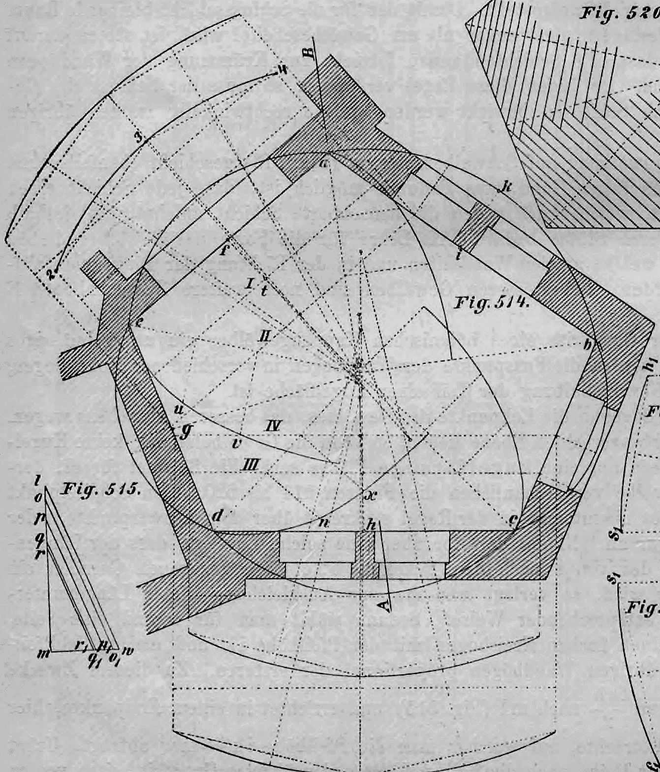 Eine historische Konstruktionszeichnung zur geometrischen Ermittlung der Wölblinien und Pfeilhöhen eines böhmischen Kappengewölbes über einem unregelmäßigen Vieleck.