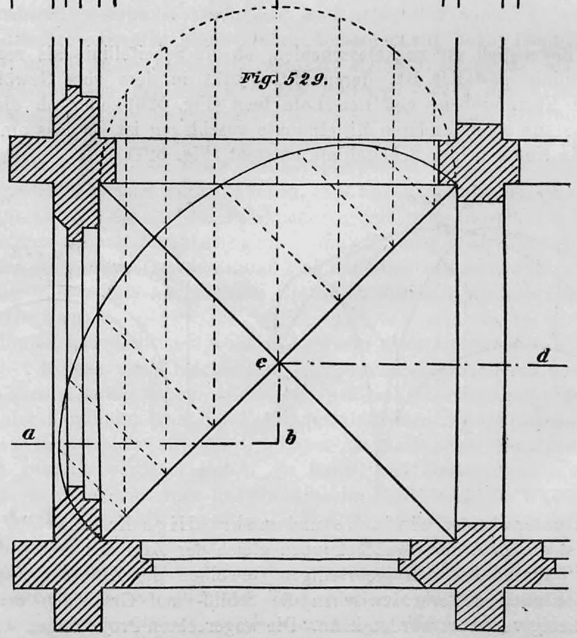 Technische Zeichnung mit Grundriss und geometrischer Projektion eines Kreuzgewölbes über quadratischem Raum.