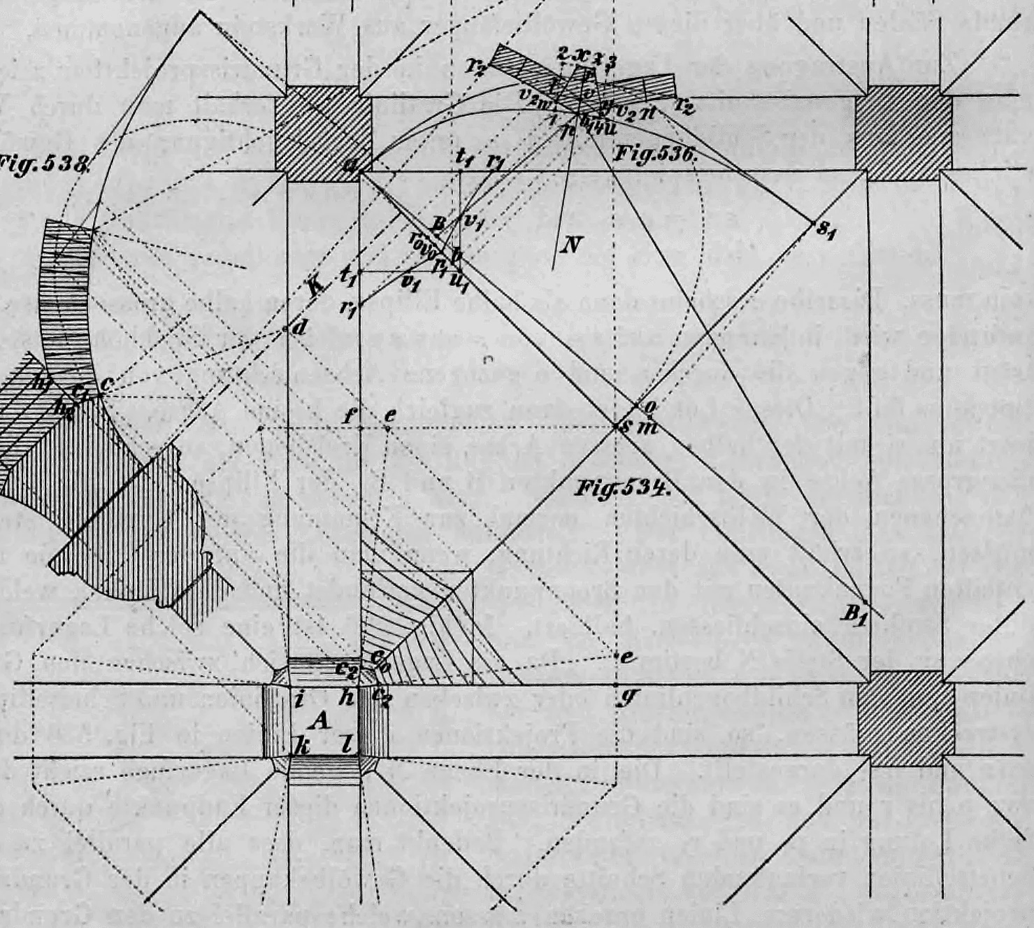Geometrische Konstruktionszeichnung zur stereotometrischen Austragung eines Kreuzgewölbes mit geradem Stich.
