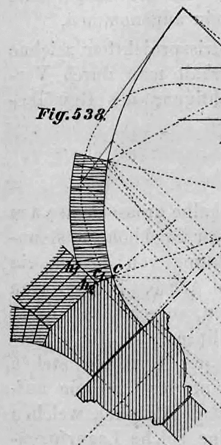 Geometrische Detailzeichnung (Fig. 538) zur Konstruktion des Anfängersteins eines Kreuzgewölbes im Diagonalschnitt.