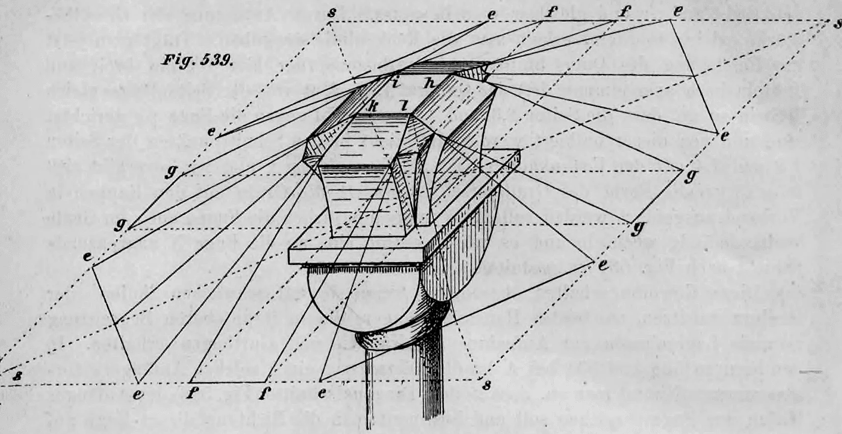 Isometrische Darstellung eines steinernen Anfängersteins auf einer Säulenstütze mit geometrischen Hilfslinien zur Gewölbekonstruktion.