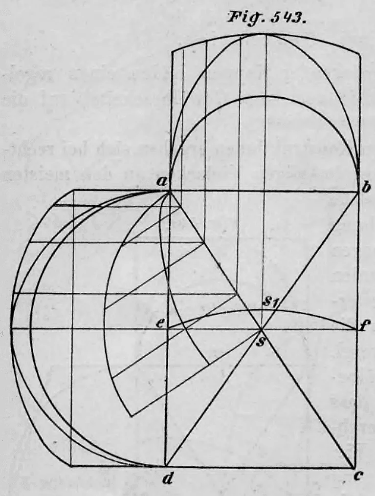 Geometrische Konstruktionszeichnung zur Ermittlung der Gratlinien und Kappenkrümmungen eines gebusten Kreuzgewölbes mit Bogenstich über einem rechteckigen Grundriss.