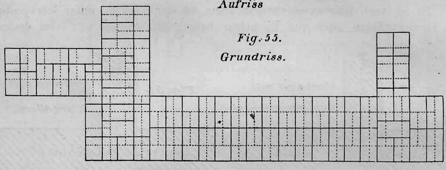 Grundrisszeichnung eines Ziegelmauerwerks im Kreuzverband unter Verwendung von Dreiquartieren.