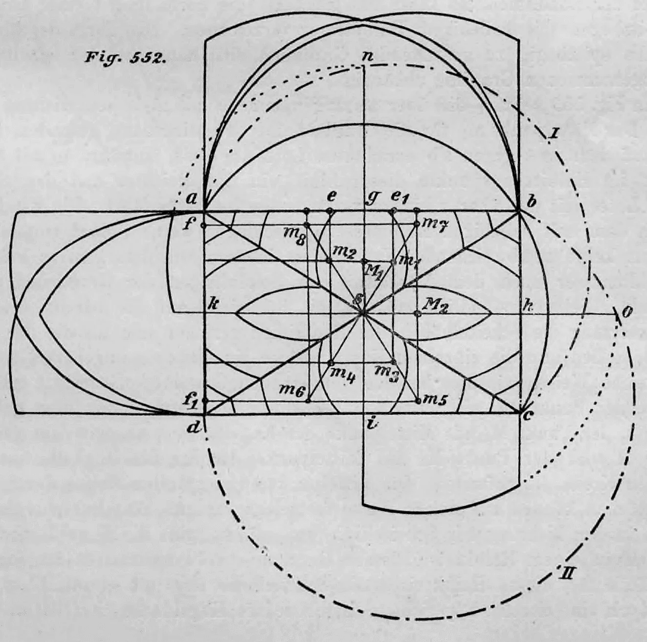 Geometrische Konstruktionszeichnung zur Ermittlung der Wölbungslinien und Kappen eines busigen Kreuzgewölbes über einem rechteckigen Grundriss.