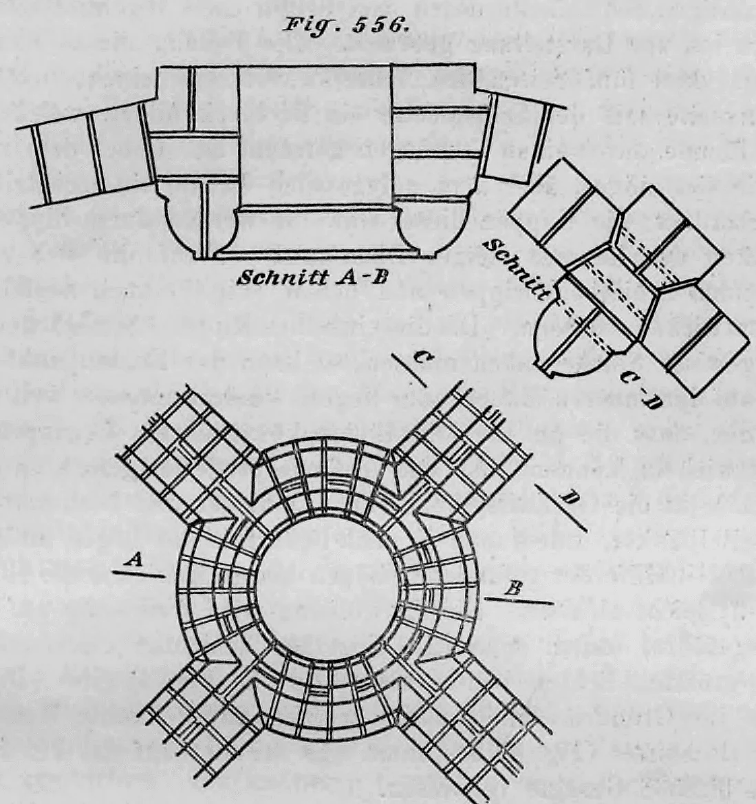 Technische Zeichnung eines gemauerten Schlussrings im Scheitel eines Rippengewölbes mit Grundriss und zugehörigen Schnitten.