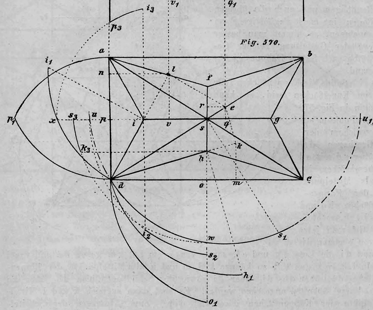 Geometrische Konstruktionszeichnung zur Ermittlung der Wölbungslinien eines rechteckigen Gewölbes mit kugelförmigen Kappenflächen.