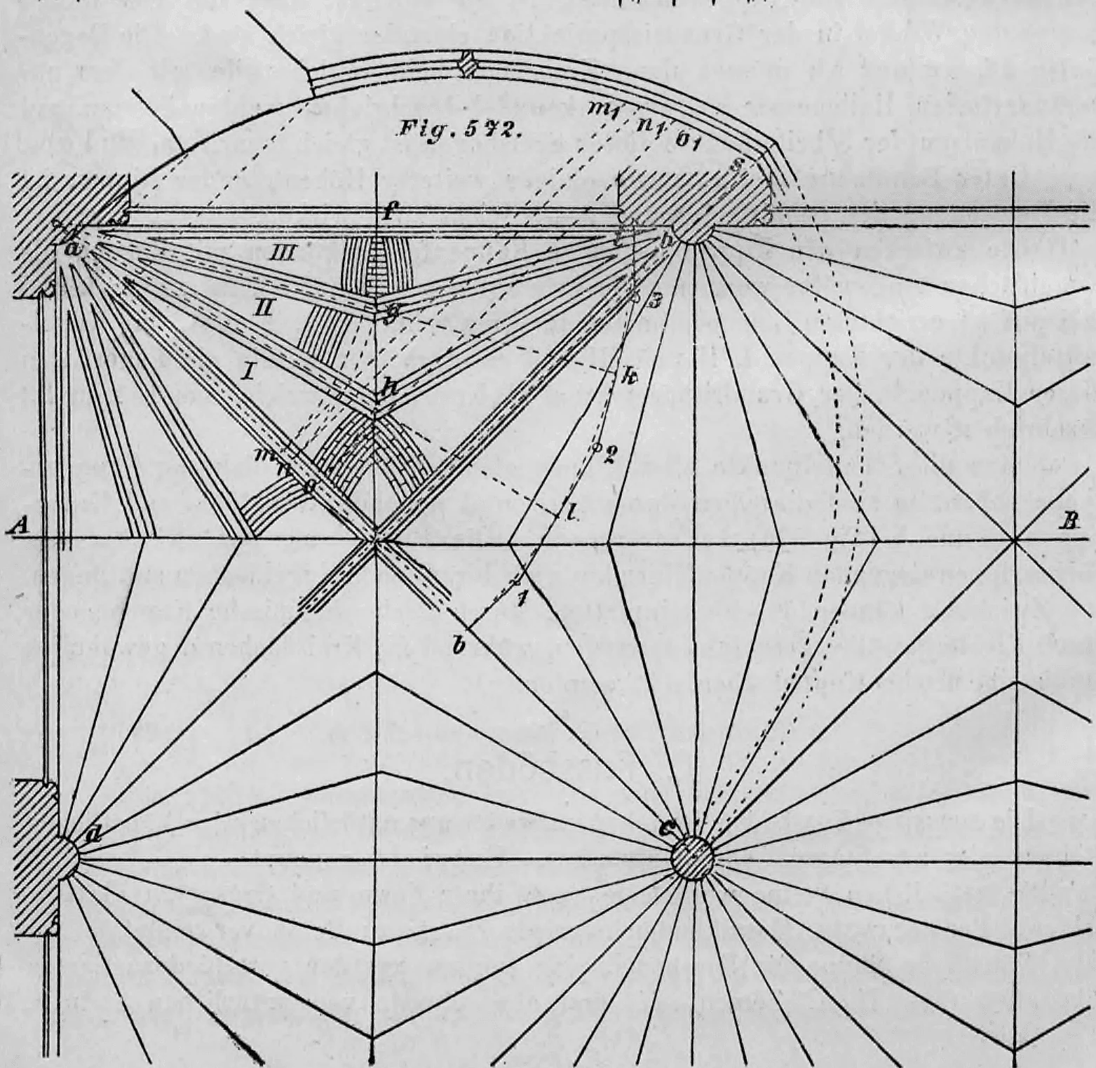 Geometrische Konstruktionszeichnung zur Ermittlung der Rippen und Kappen eines Fächergewölbes im Grundriss.