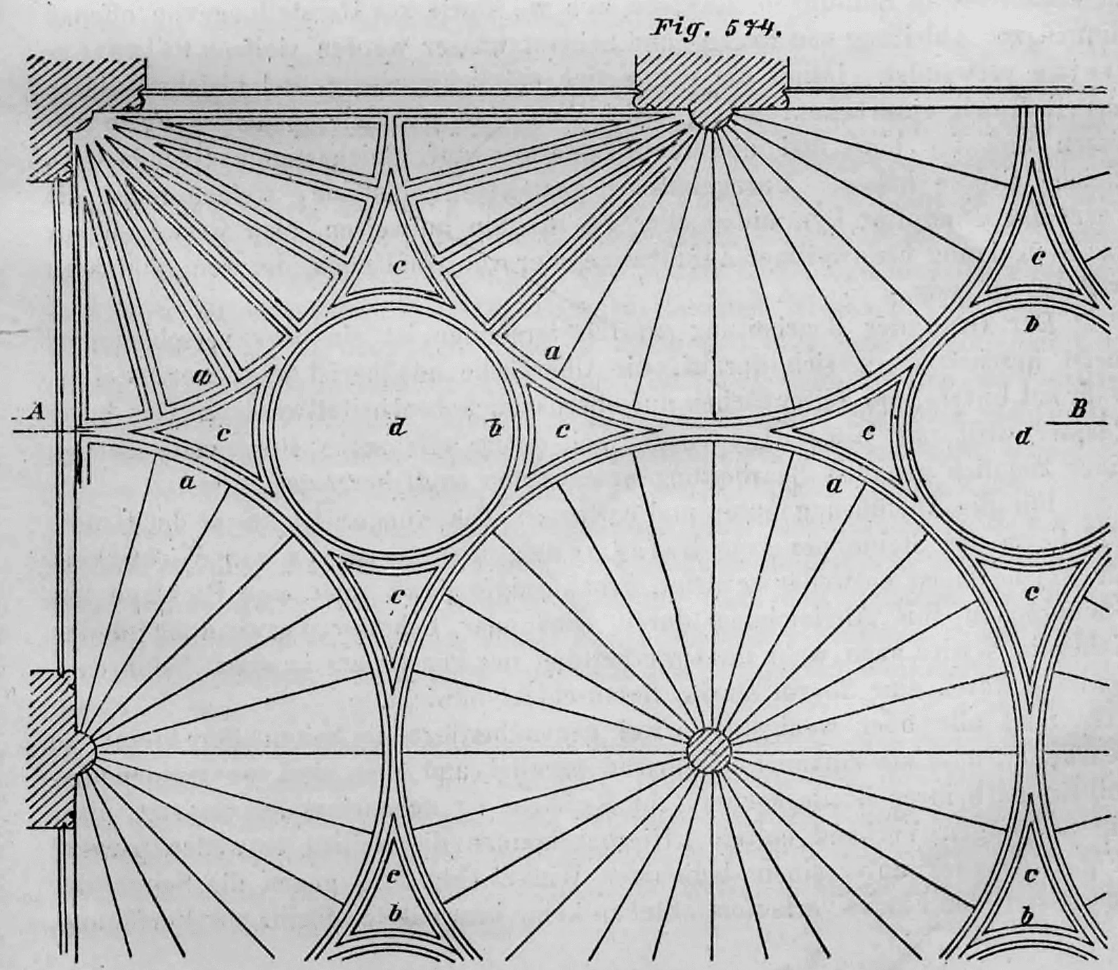 Schematischer Grundriss eines gotischen Fächergewölbes mit konstruktiven Details.