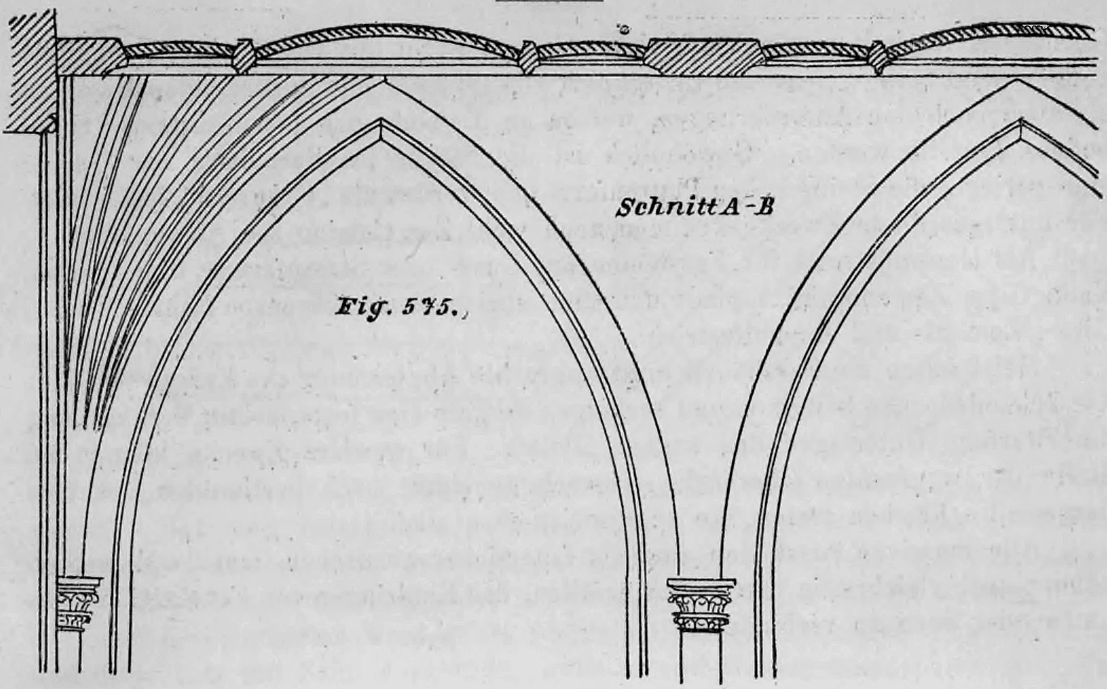 Eine architektonische Schnittzeichnung (Schnitt A-B, Fig. 575) von spitzbogigen Arkaden mit Rippengewölbeansatz und Deckenkonstruktion.