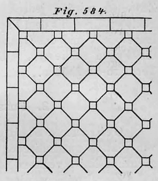 Schematische Darstellung eines Fliesenmusters aus achteckigen Platten und quadratischen Zwischenplättchen.