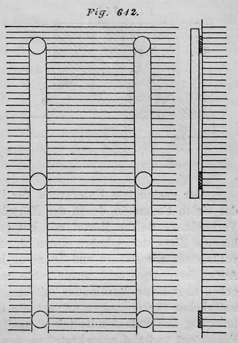 Technische Zeichnung zur Veranschaulichung der Anlage von Lehrpunkten und Lehrstreifen (Putzlehren) an einer Ziegelwand zur Vorbereitung des Verputzens.