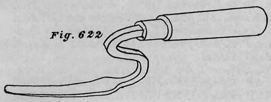 Eine eiserne Fugekelle (Fig. 622) mit Holzgriff und S-förmig geschwungenem Metallschaft zum Auskratzen von Mauerfugen.