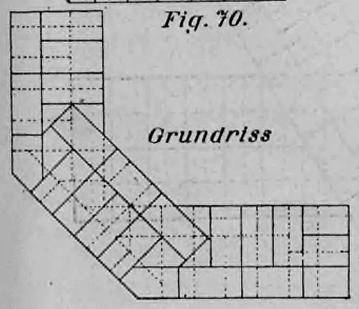 Technische Zeichnung des Grundrisses einer stumpfwinkeligen Mauerecke aus Ziegelsteinen.