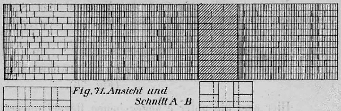 Historische technische Zeichnung mit der Ansicht und dem Schnitt A-B eines Ziegelmauerwerk-Verbands.