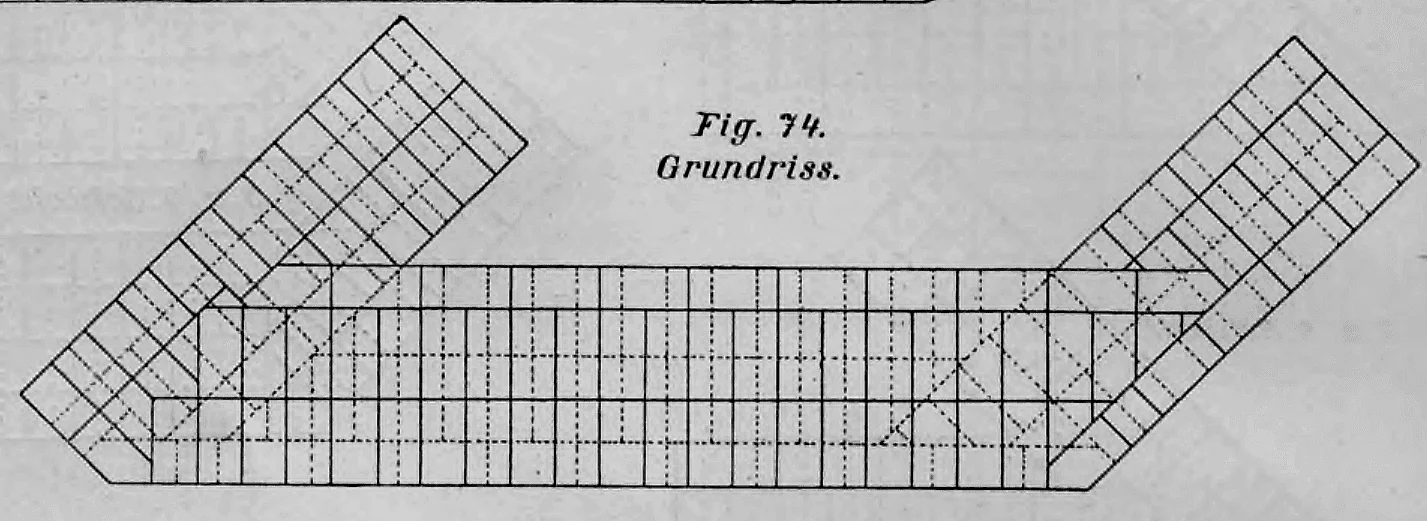 Technische Zeichnung des Grundrisses eines Ziegelmauerverbands an zwei stumpfwinkligen Ecken.