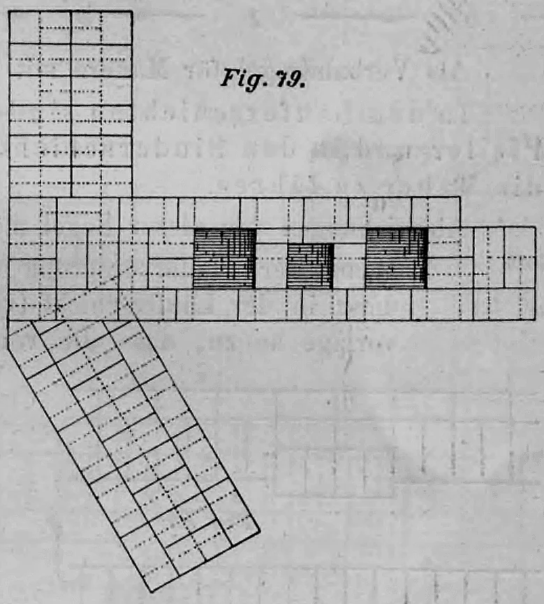 Schematische Darstellung eines Ziegelmauerverbands beim Zusammentreffen dreier Mauern unter schiefen Winkeln.