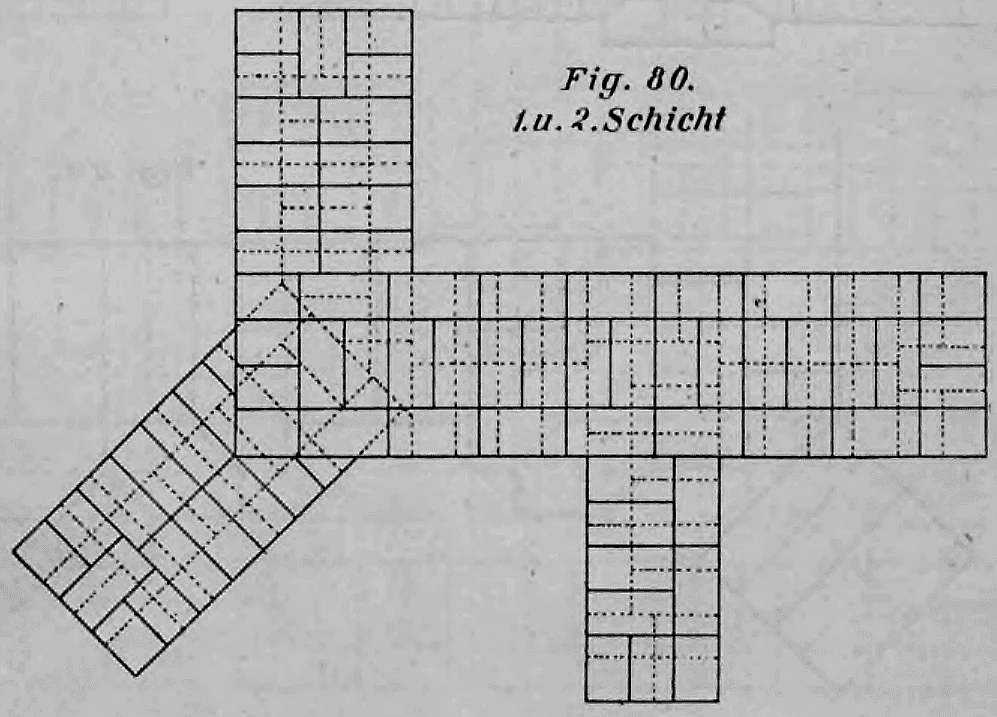 Technische Zeichnung eines komplexen Mauerverbands, bei dem mehrere Mauern unter schiefen und rechten Winkeln zusammentreffen (Darstellung der 1. und 2. Schicht).