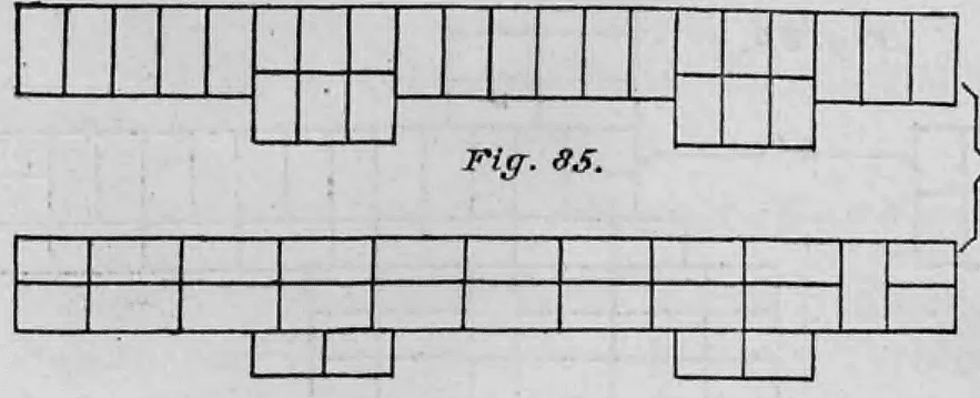 Schematische Darstellung zweier Mauerwerksschichten (Binder- und Läuferschicht) für eine Wand mit Pfeilervorlagen.