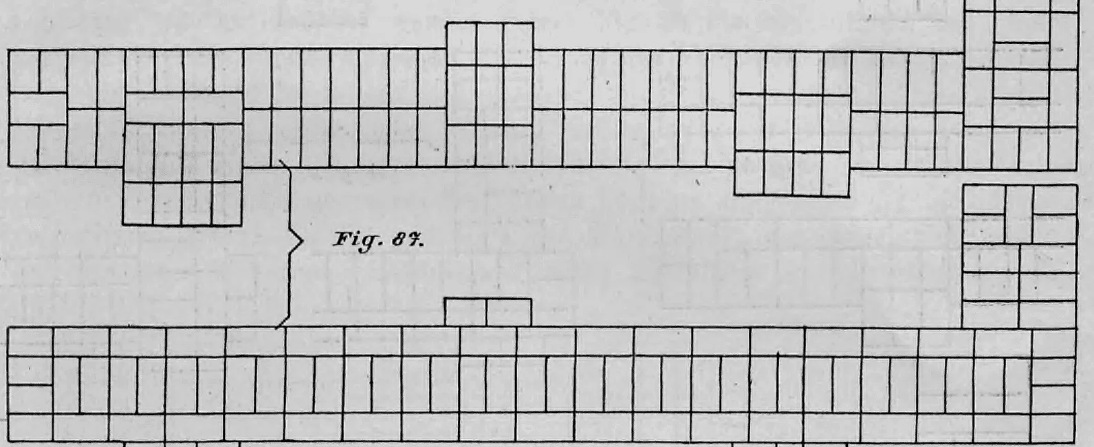 Schematische Darstellung zweier korrespondierender Backsteinschichten für eine Mauer mit verschiedenen Pfeilervorlagen im Mauerwerksverband.