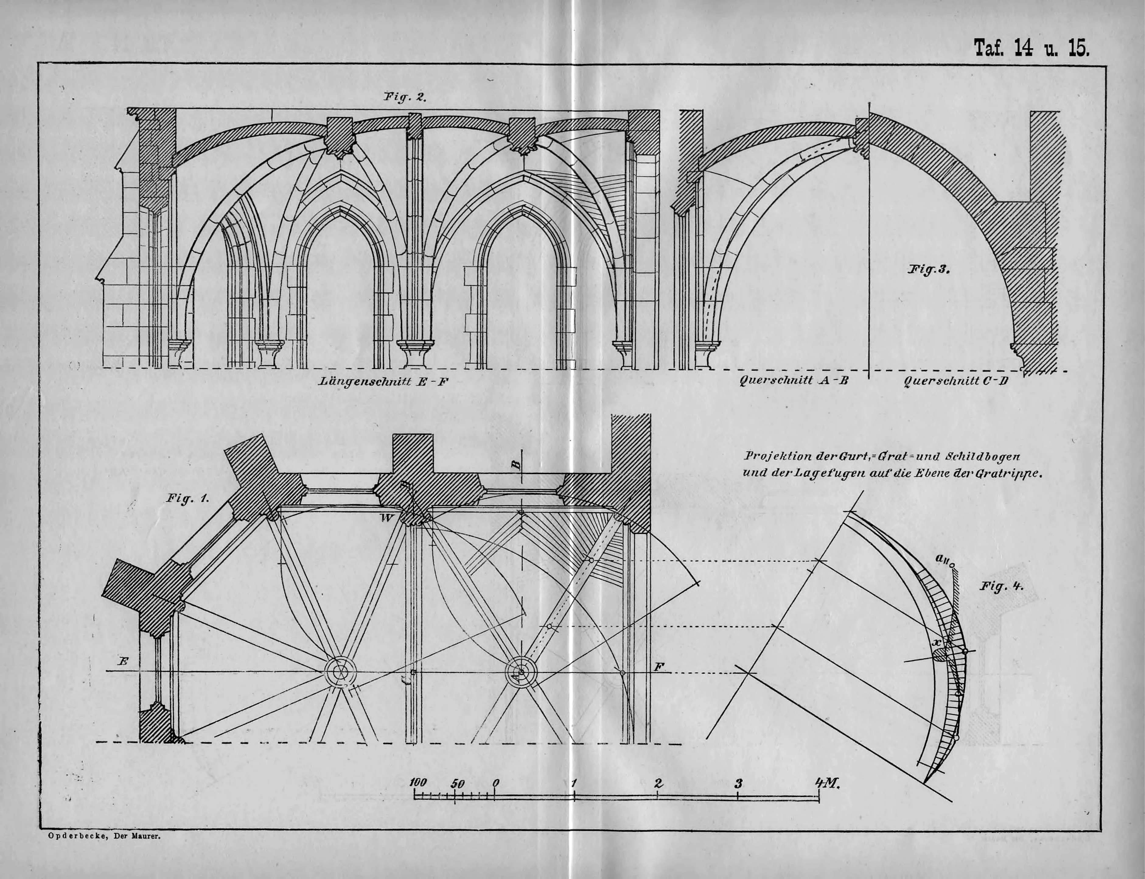 Konstruktionstafel eines gotischen Kreuzgewölbes mit Grundriss, Schnitten und geometrischen Projektionen der Rippenbögen.