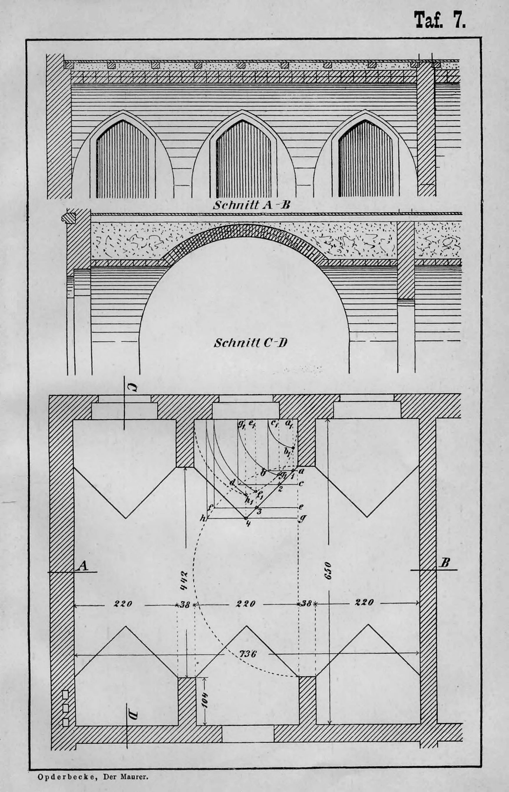 Konstruktionszeichnung eines Kreuzgewölbes mit zwei Schnitten und einem geometrischen Grundriss.