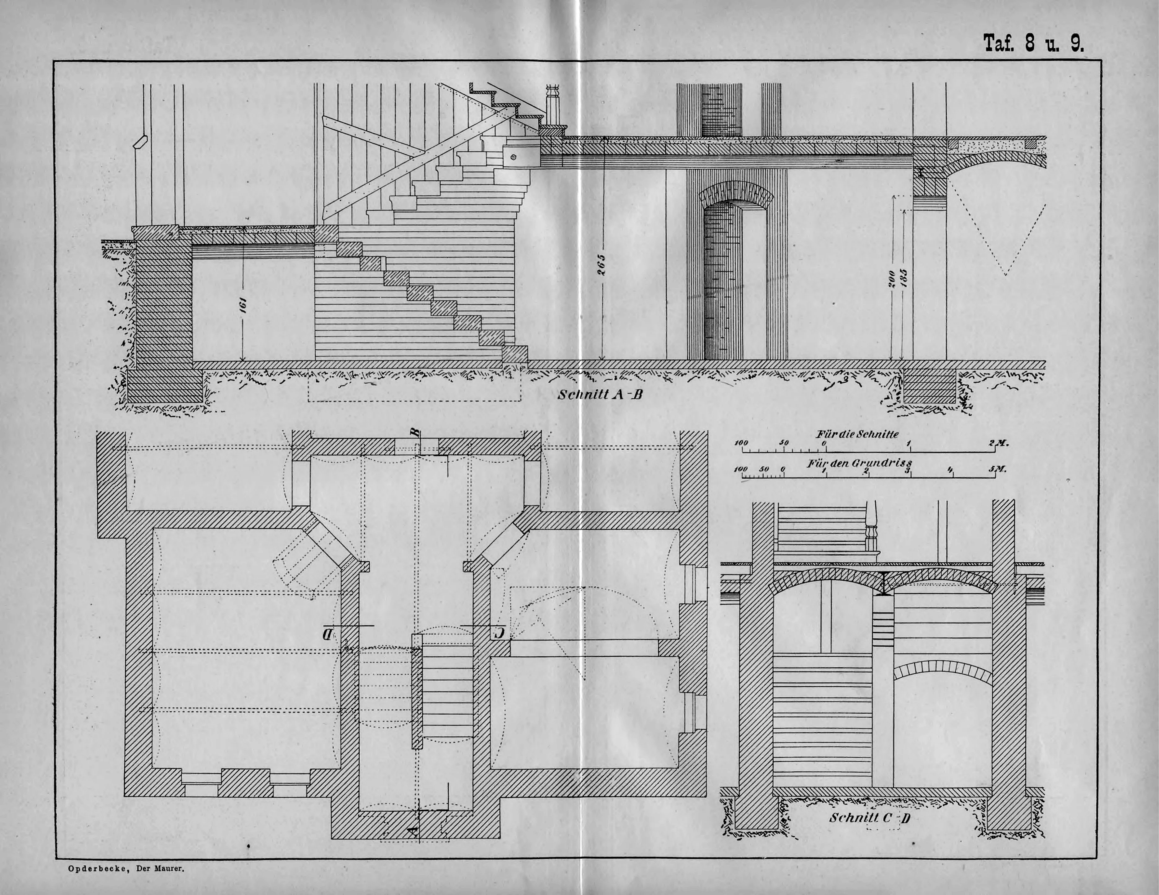 Architekturzeichnung einer gewölbten Kelleranlage mit Treppenaufgang, dargestellt in Grundriss und Schnitten.