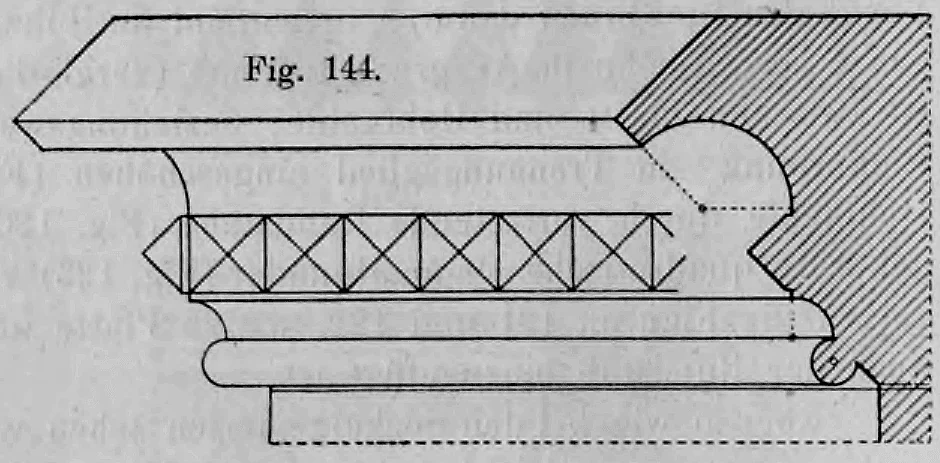 Profilzeichnung eines steinernen Hauptgesimses mit geometrischem Konstruktionsraster.