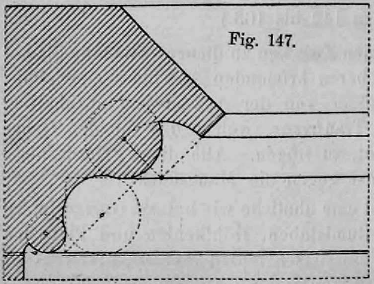 Geometrische Konstruktionszeichnung eines Hauptgesimsprofils (Fig. 147) mit ineinanderfließenden Gliedern.