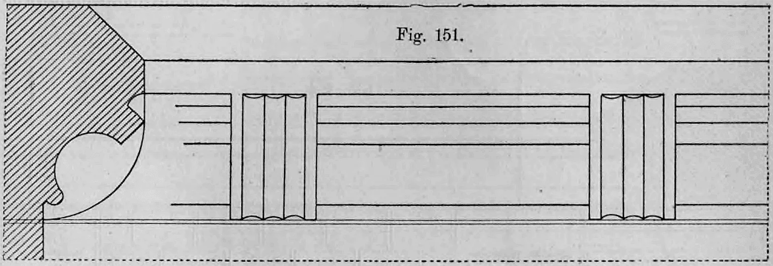 Schnittzeichnung und Vorderansicht eines Werksteingesimses mit konsolartig unterbrochener Profilierung (Fig. 151).