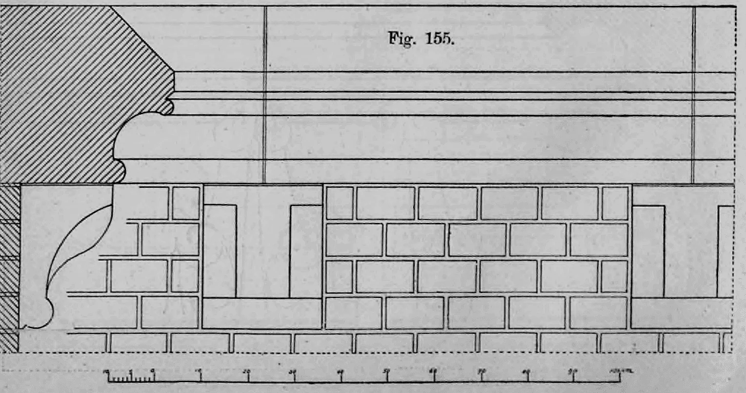 Profil und Aufriss eines weit ausladenden Konsolgesimses (Fig. 155).