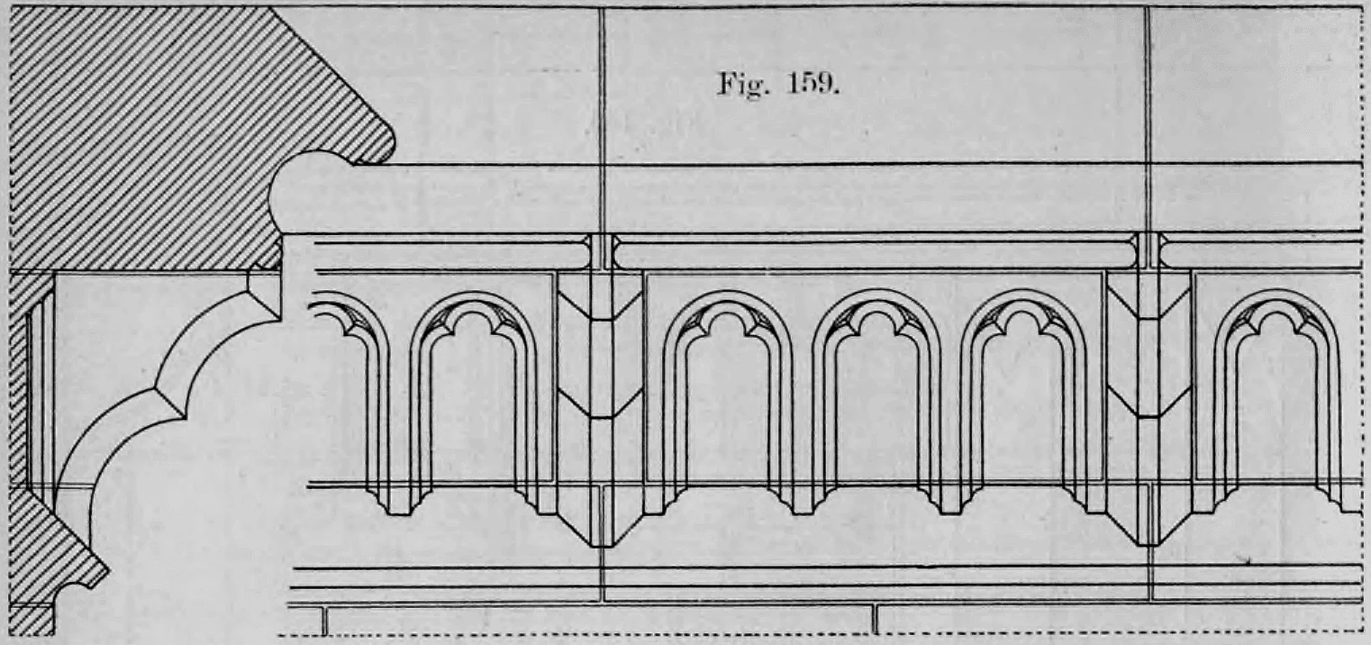 Architektonische Detailzeichnung einer verzierten Fensterbrüstung im mittelalterlichen Stil mit Querschnitt und Ansicht.