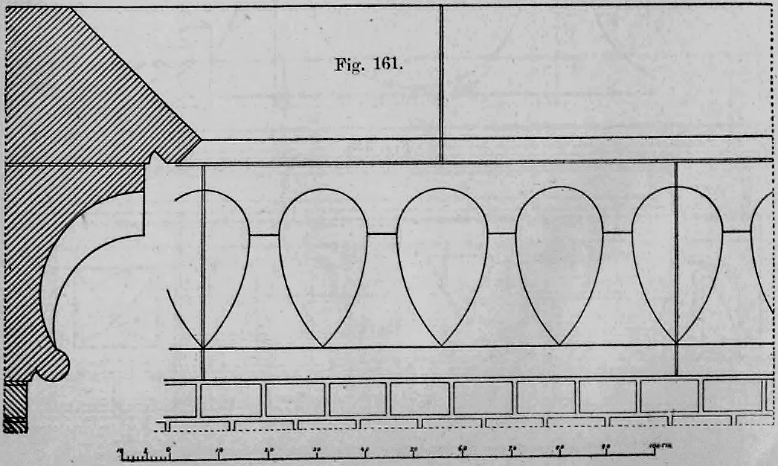 Profil und Aufriss einer gotischen Maßwerkbrüstung (Fig. 161) mit Werkstein-Schnittzeichnung und Zentimeter-Maßstab.